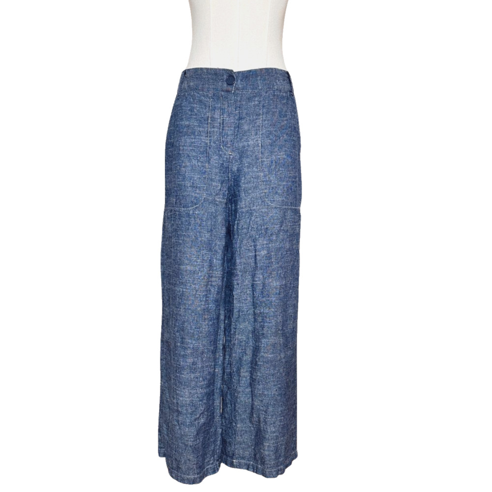 Max Studio Wide Leg Blue Linen Blend Ankle Pants Size 10 Pockets